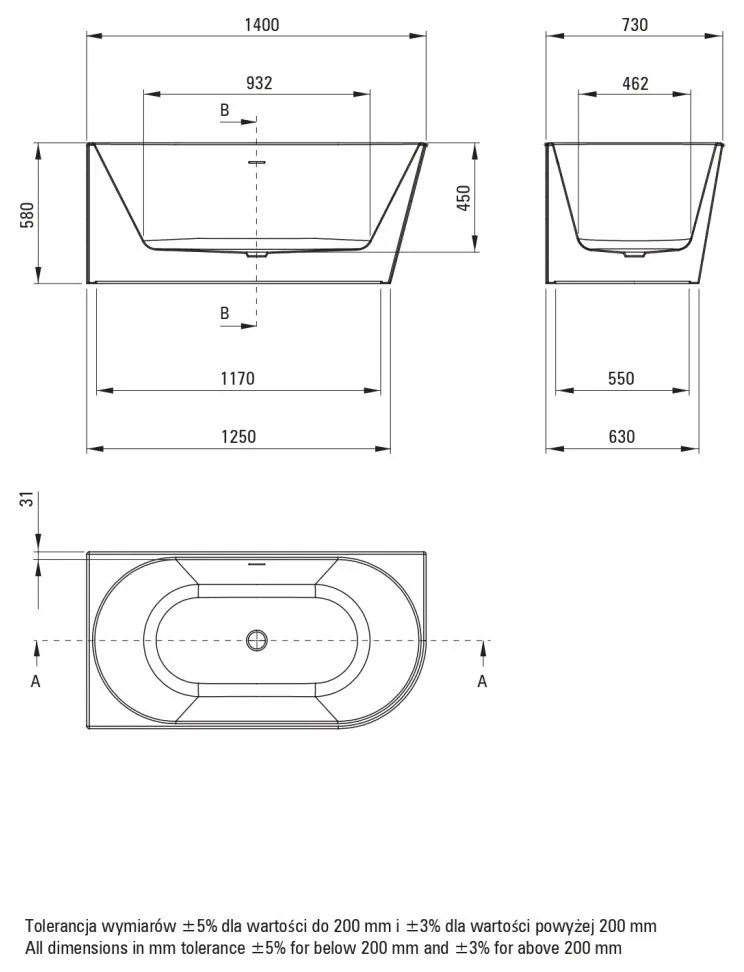 Cada baie freestanding, alba, 140x58 cm, orientare stanga, Deante Silia