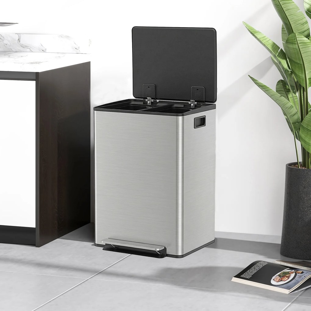 HOMCOM Coș de Gunoi cu 2 Compartimente de 30L, Pedală și Capac Silențios, 47,7x37,5x66,8 cm, Argintiu | Aosom Romania