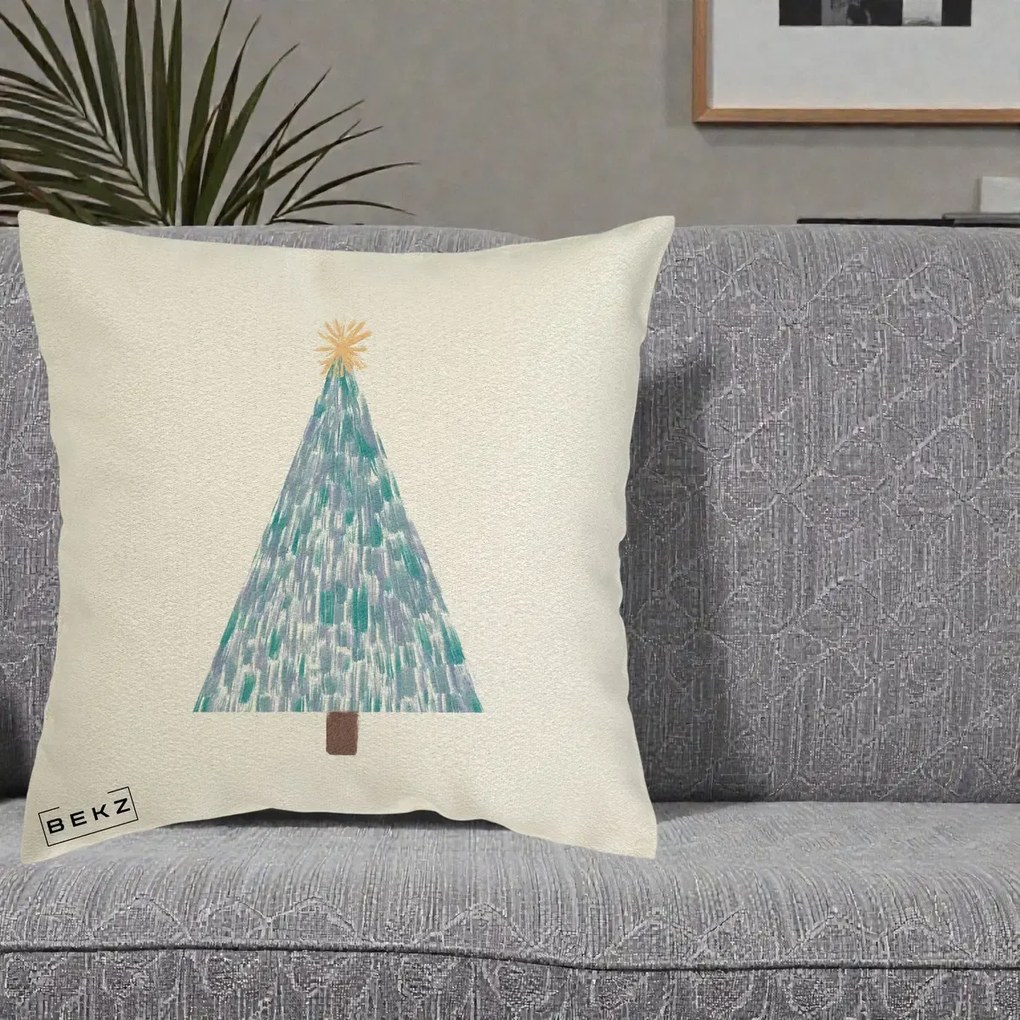 Perna Decorativa Brad de Craciun Acrilic Albastru, 40x40 cm, Ecru, Husa Detasabila, Perna Inclusa, BEKZ®