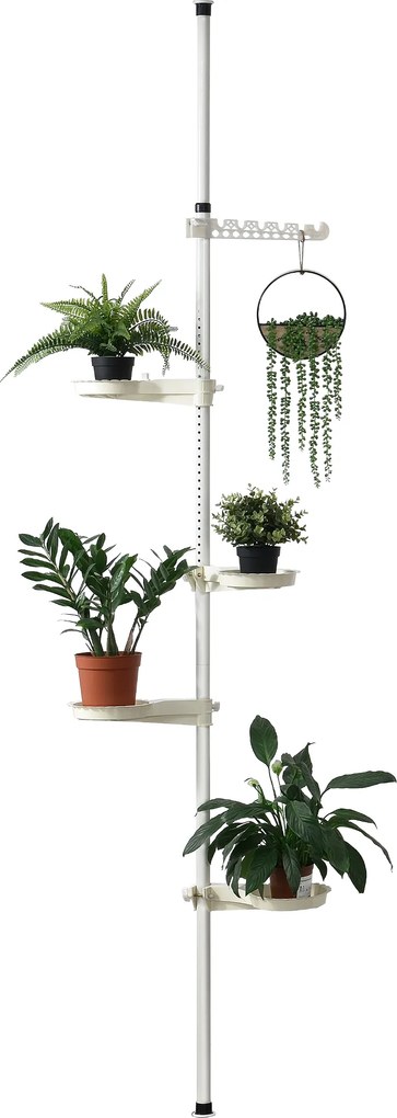 [en.casa]® Suport tip telescop pentru flori, 110 - 305 cm, metal/plastic, alb, inaltime reglabila, cu 4 tavite si un suport pentru agatat flori