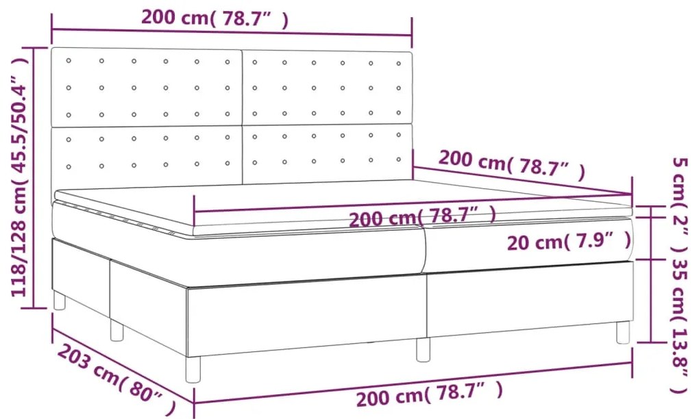 Pat cu arcuri, saltea si LED, gri inchis, 200x200 cm, catifea Morke gra, 200 x 200 cm, Nasturi de tapiterie