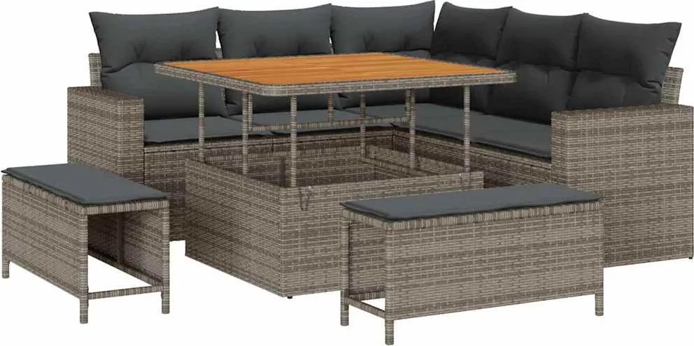 vidaXL Set de canapele pentru grădină cu pernă 9 pcs Gri poliratan