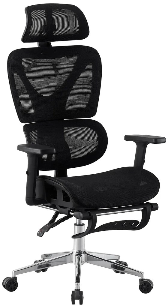 RIGACHAIR Scaun ergonomic, cotiere 2D, tetiera 2D, recliner 155°, suport picioare, Full Mesh, Negru