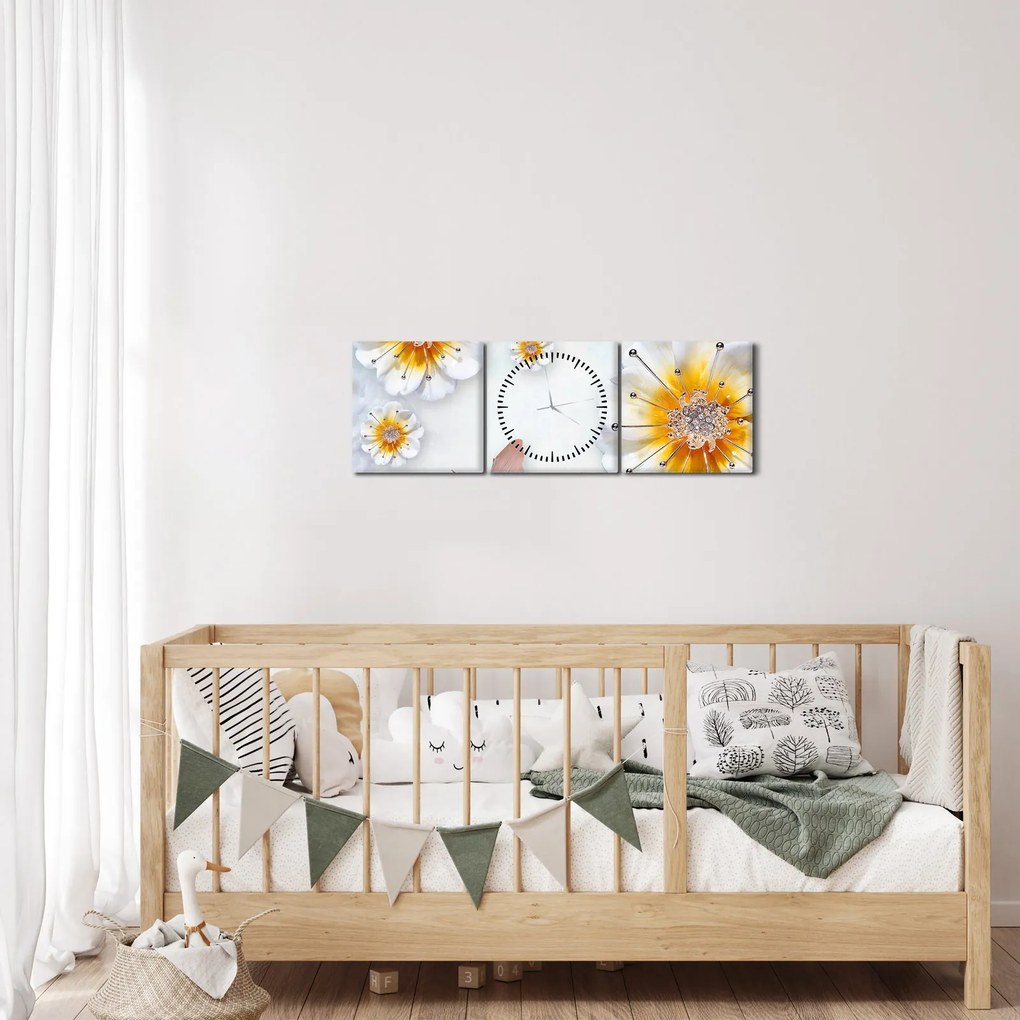 Tablou - Copoziția flori și fluturi (cu ceas) (90x30 cm)
