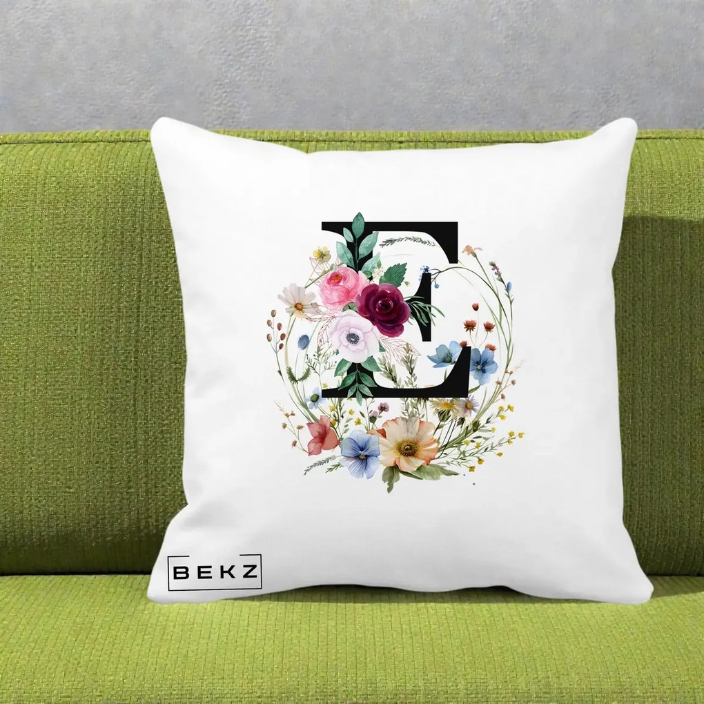 Cadou Personalizat - Perna Personalizata Monogram Litera E cu Flori Acuarela, 40x40 cm, Alba Mata, Husa Detasabila, Perna Inclusa, BEKZ®