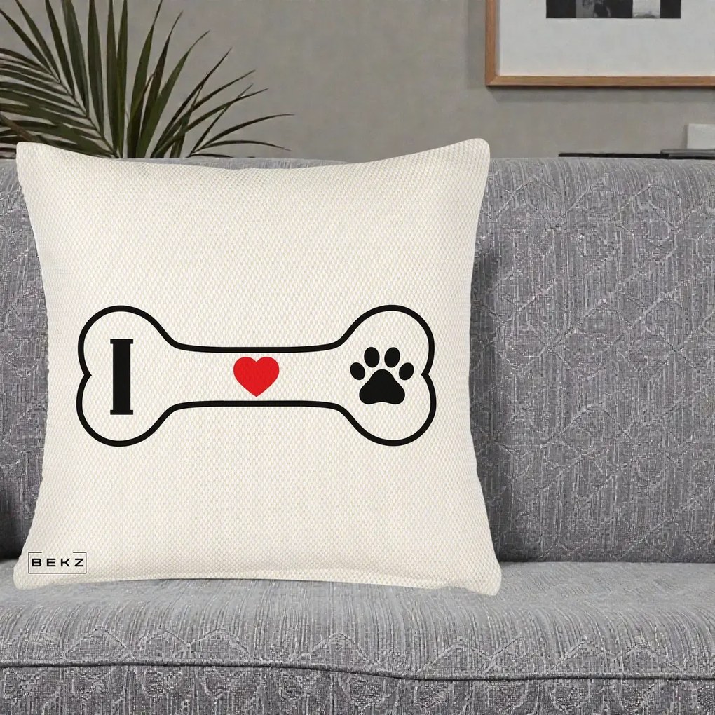 Perna Personalizata I Love Dog Os si Labuta, 40x40 cm, Crem Reliefat, Husa Detasabila, Perna Inclusa, BEKZ®
