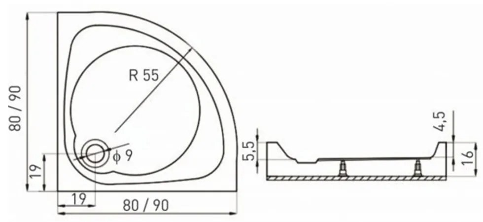 Cabină de duș curbată Splash cu cădiță 79x79x206cm - profil cromat, sticlă transparentă