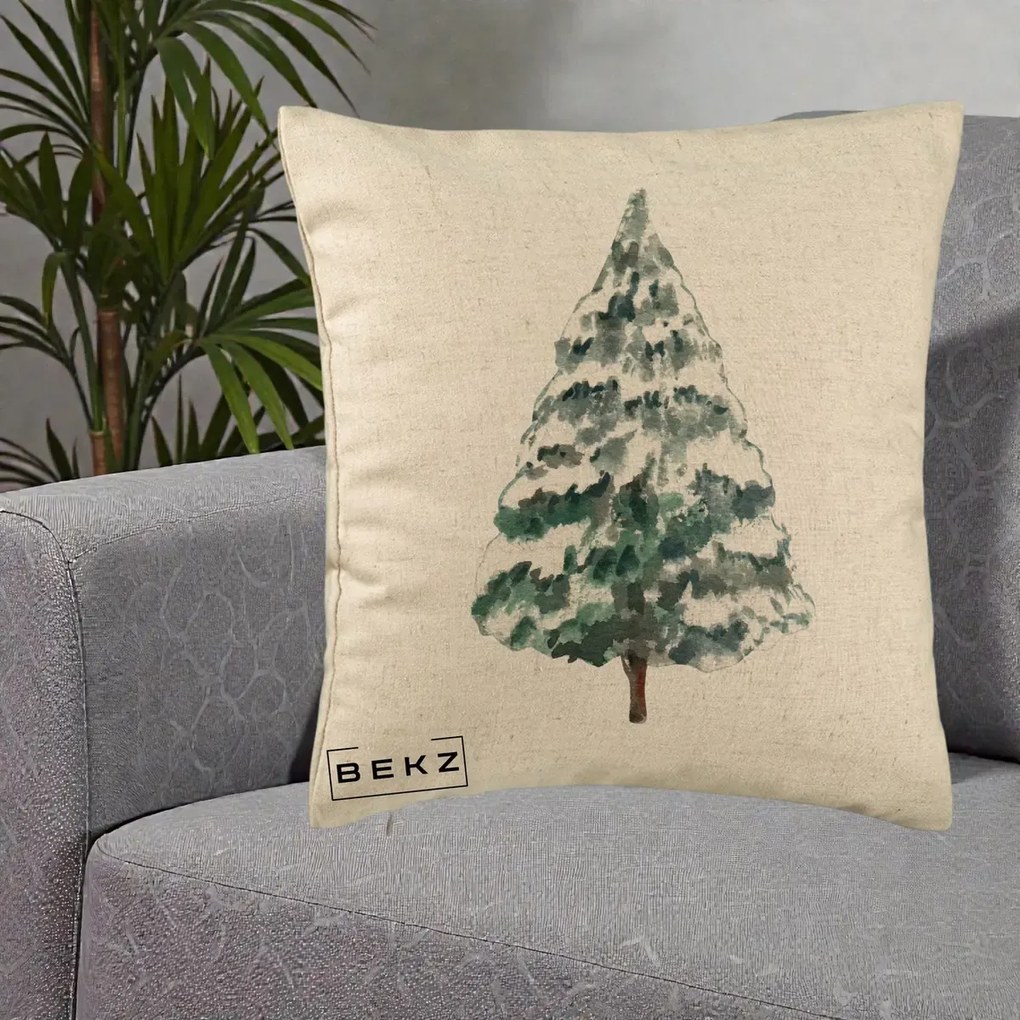 Perna Decorativa cu tematica de Craciun, Brad 2, 40x40 cm, Bej, Husa Detasabila, Perna Inclusa, BEKZ®