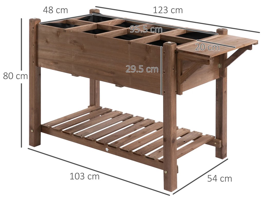 Outsunny Jardinieră Supraînălțată din Lemn | Grădinărit cu Raft Pliabil și Spațiu de Depozitare | 123x54x74 cm Maro | Aosom Romania