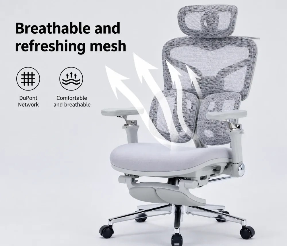 DeluxStar T9 FOAM Premium – Scaun ergonomic, Cotiere 6D, Suport Lombar Adaptiv, Spătar Reglabil pe Înaltime în 5 pozitii, Mecanism Înclinare/Blocare, Șezut buretat, Gri