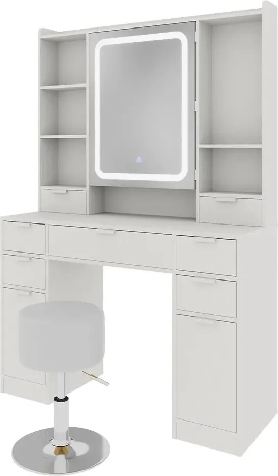 Masuta machiaj cu Oglinda LED si 7 Sertare pentru Cosmetice, Set Masa toaleta 105 cm, Alb, masuta cosmetica, vanity - SEA810