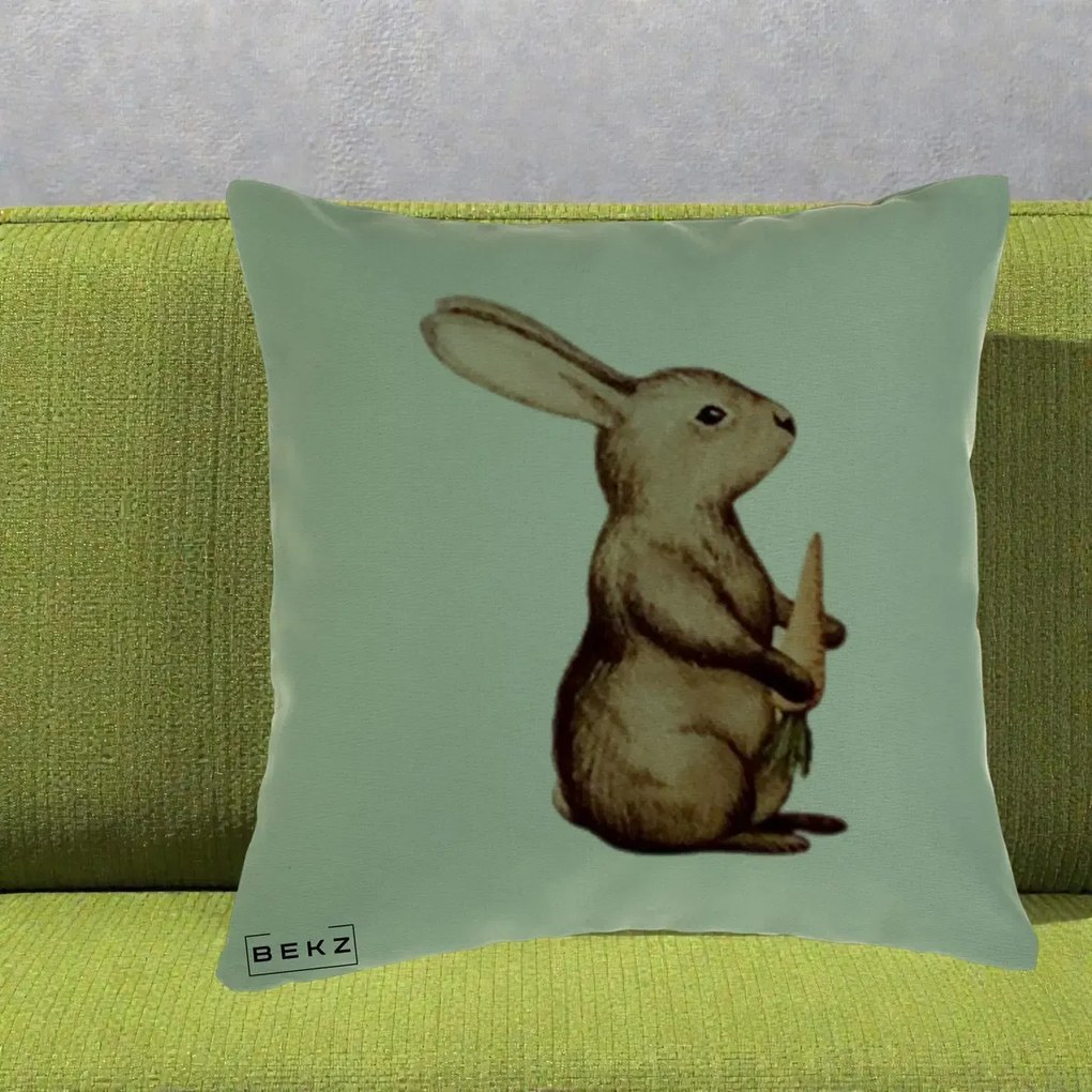 Perna Decorativa Iepuras Acuarela cu Morcov, 40x40 cm, Verde, Husa Detasabila, Perna Inclusa, BEKZ®