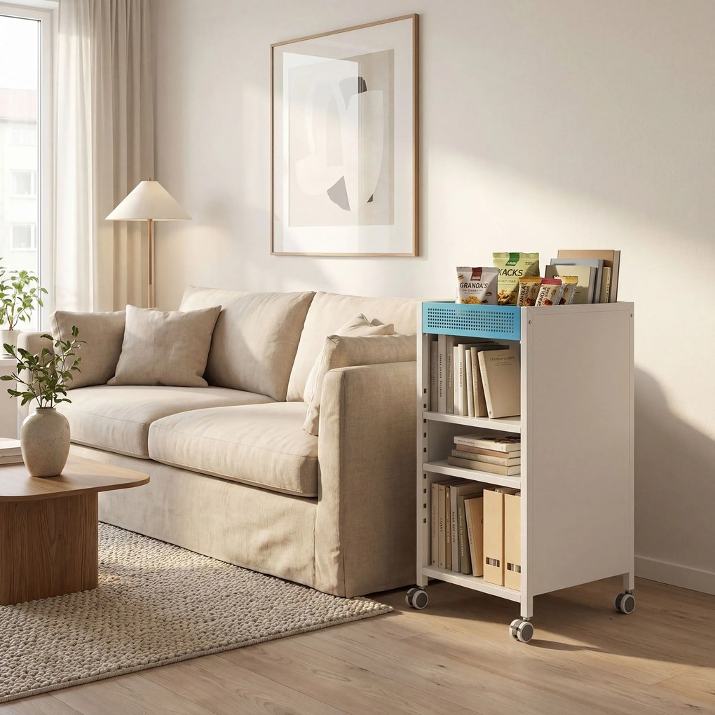 HOMCOM Bibliotecă mobilă cu rafturi reglabile, 3-stufiger Rollwagen mit oberem Korb, Weiß | Aosom Romania