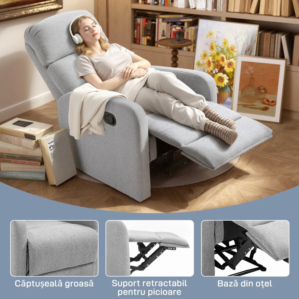 HOMCOM Fotoliu Rabatabil cu Suport pentru Picioare, Fotoliu din Metal, Lemn, Burete și Poliester, 66x83x107 cm, Gri | Aosom Romania
