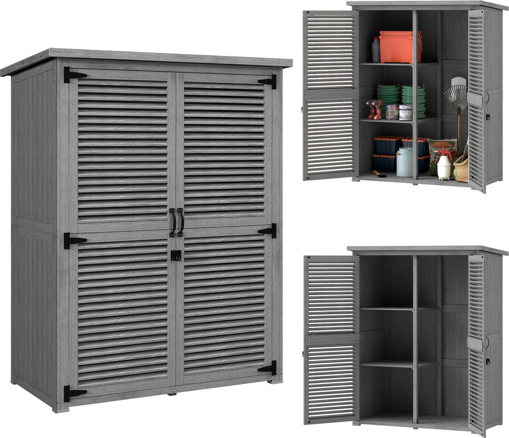 Outsunny Dulap de Grădină 0,83 m² 127x65x168 cm cu 2 Uși tip Oblon 2 Rafturi 2 Mânere și Acoperiș Impermeabil Gri | Aosom Romania