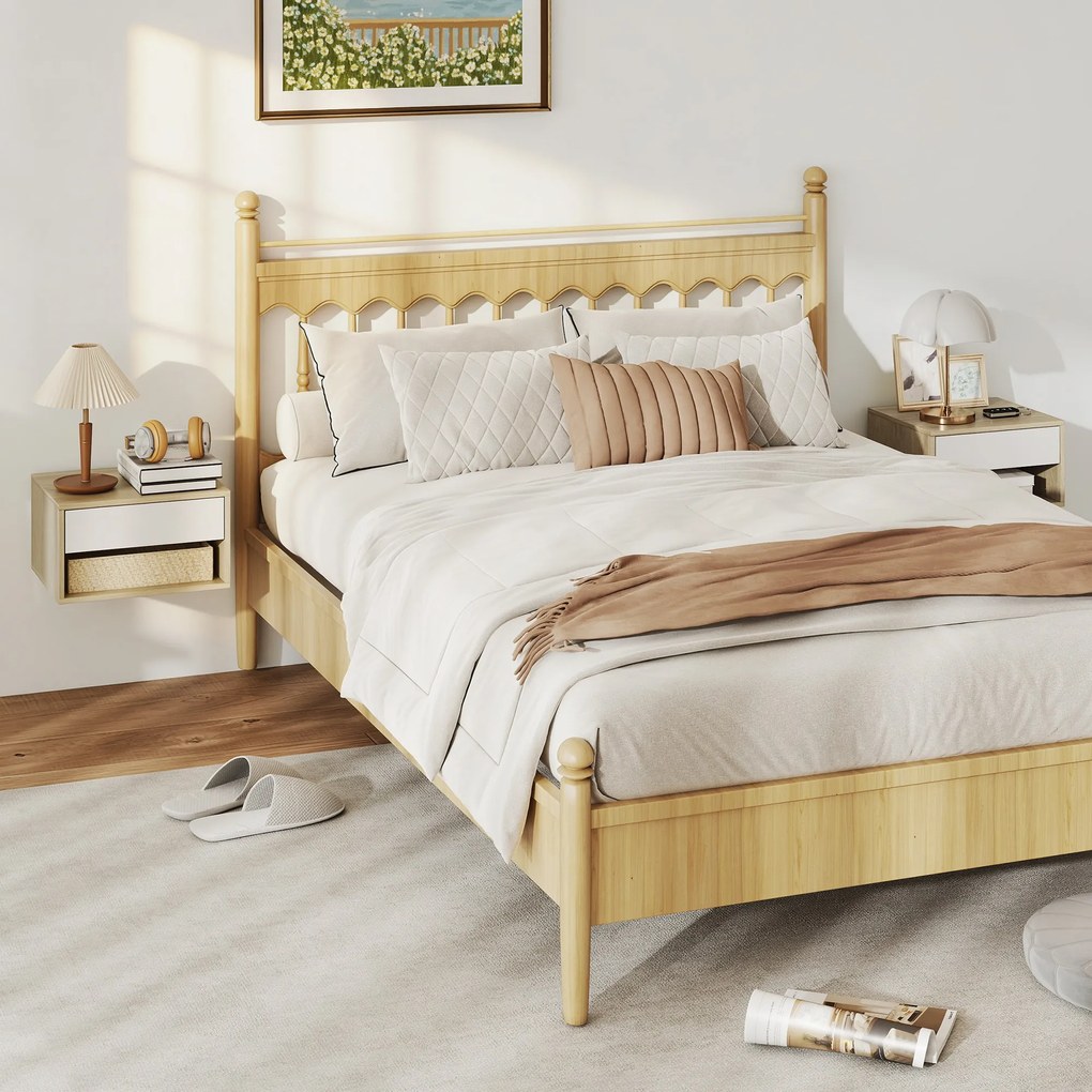 HOMCOM Set de 2 noptiere montate pe perete, noptiere, sertar, compartiment deschis, blat, 37 x 32 x 21 cm, lemn natural | Aosom Romania