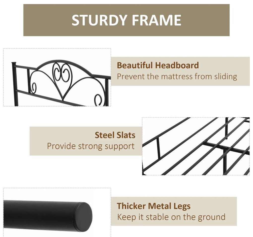 HOMCOM Structura Pat Matrimonial din Otel 160x200cm cu Sipci Integrate, Tetiera si Tablie, Spatiu de Depozitare, Negru | Aosom Romania