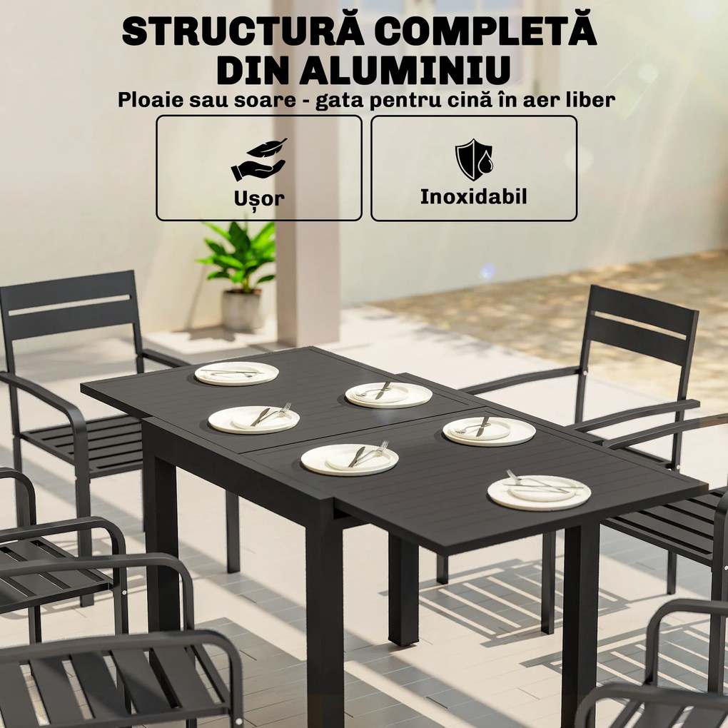 Outsunny Masă de Grădină Extensibilă pentru 4-6 Persoane 80/160x80 cm, Masă de Prânz pentru Exterior din Aluminiu cu Blat Lamelar, pentru Terasă, Balcon, Negru | Aosom Romania
