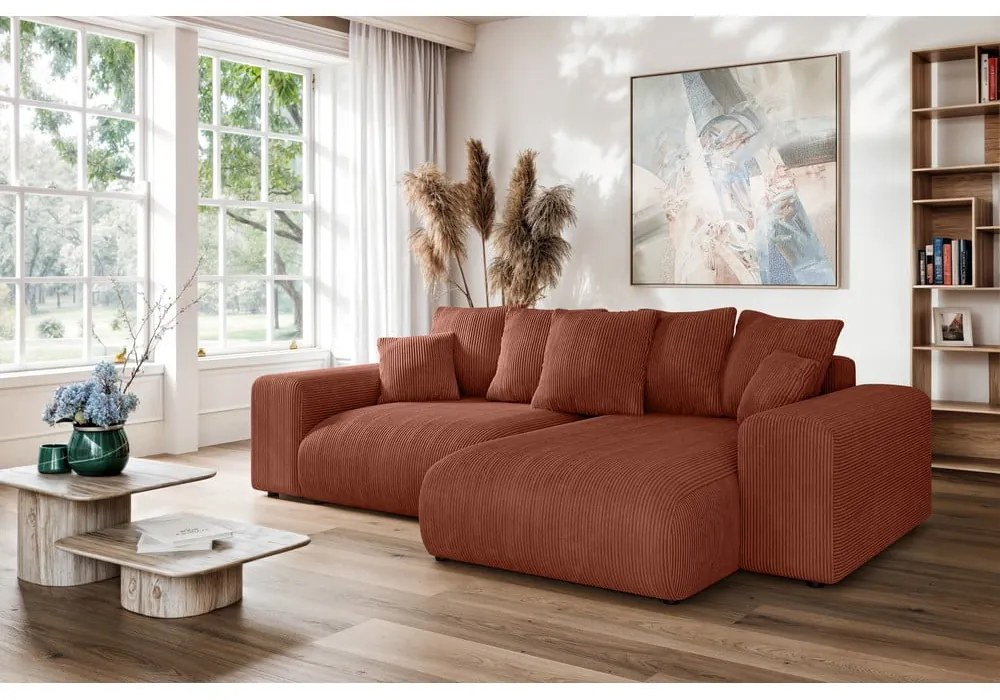 Colțar cărămiziu extensibil/cu spațiu de depozitare cu tapițerie din catifea reiată (cu colț variabil) Luma – Ropez