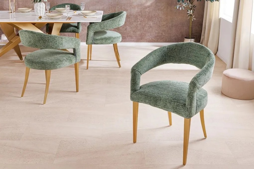 Set 2 scaune, Stofa Structurata, Verde, Metal, Auriu, BOUTIQUE, A-45924 VC