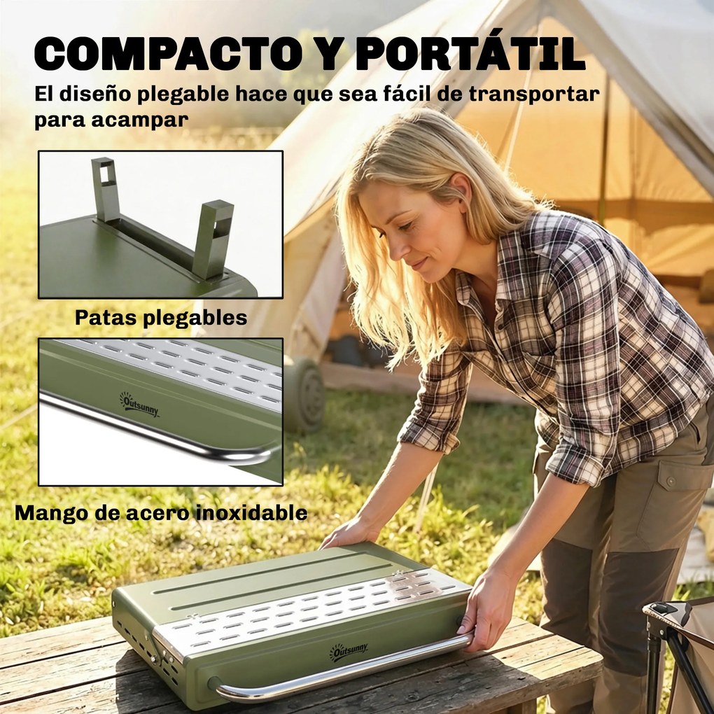 Outsunny Grătar pe Cărbune Pliabil 52x37x31,8 cm cu Grilă Reglabilă Raft Lateral Pliabil și Tavă Detașabilă Verde | Aosom Romania
