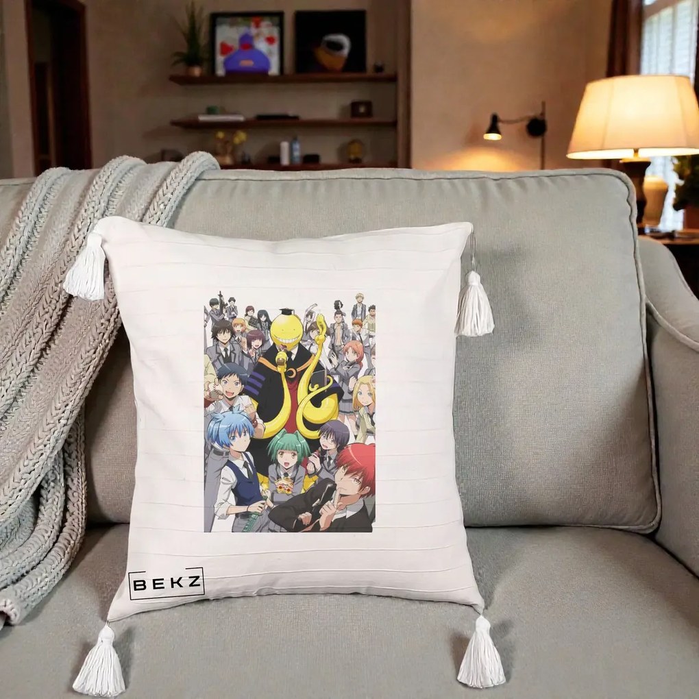 Perna Personalizata Assassination Classroom Grup Complet Anime, 40x40 cm, Bej cu Franjuri, Husa Detasabila, Perna Inclusa, BEKZ®