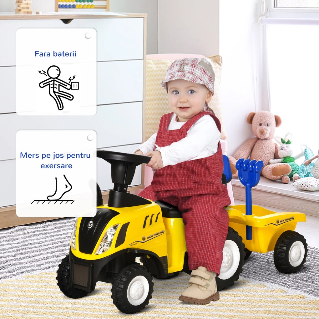 Tractor pentru Copii 12-36 Luni HOMCOM, Prevazut cu Loc cu Remorca, Grebla si Lopata, Joc Educativ, 91x29x44cm, Galben | Aosom Romania