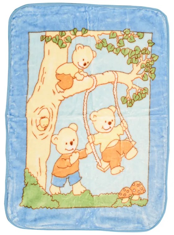 Patura albastra din acril pentru copii, TEDDY ON A SWING, 80x110 cm