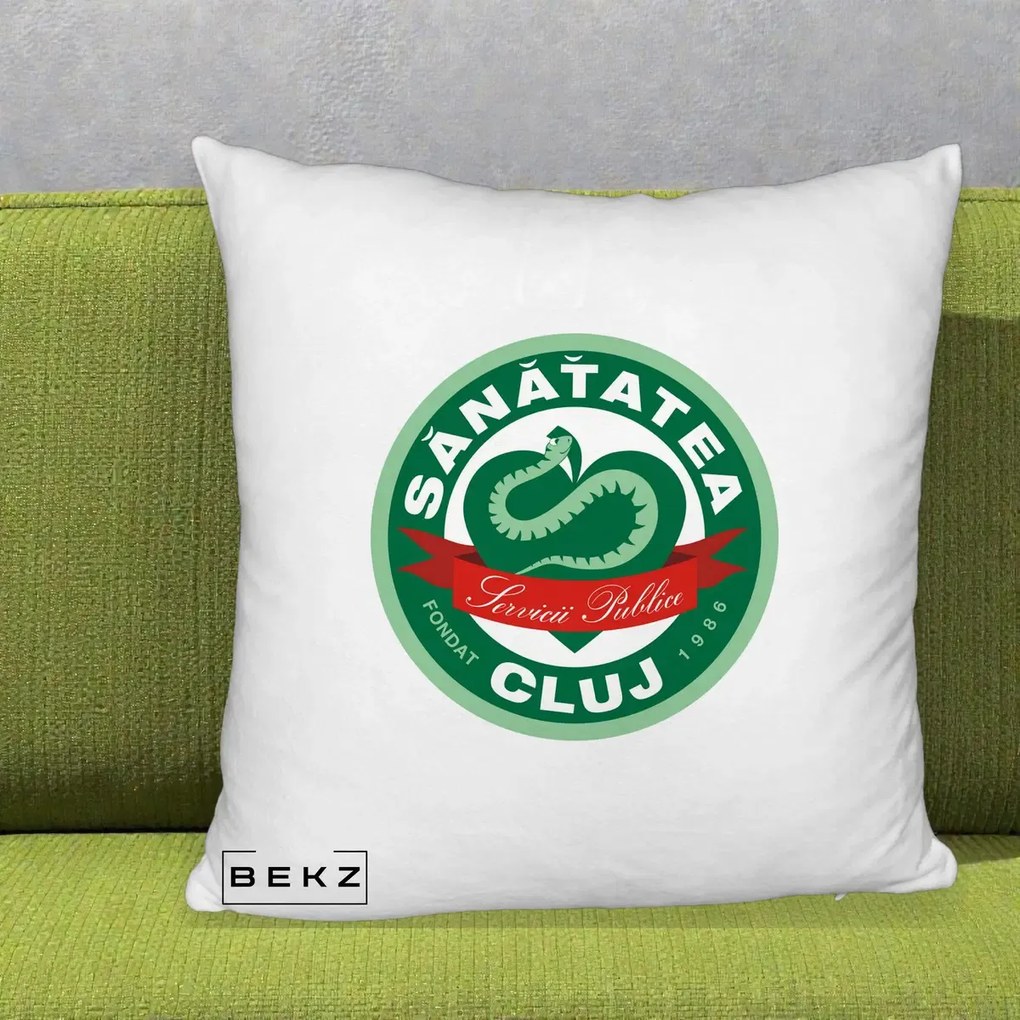 Perna Personalizata Sanatatea Cluj Servicii Publice 1986, 40x40 cm, Alb Pufos, Husa Detasabila, Perna Inclusa, BEKZ®