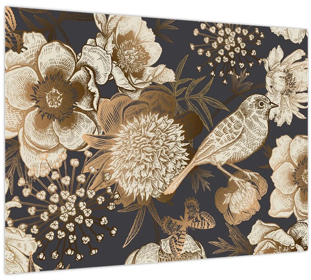 Tablou pe sticlă - Flori aurii pe fundal întunecat (70x50 cm)