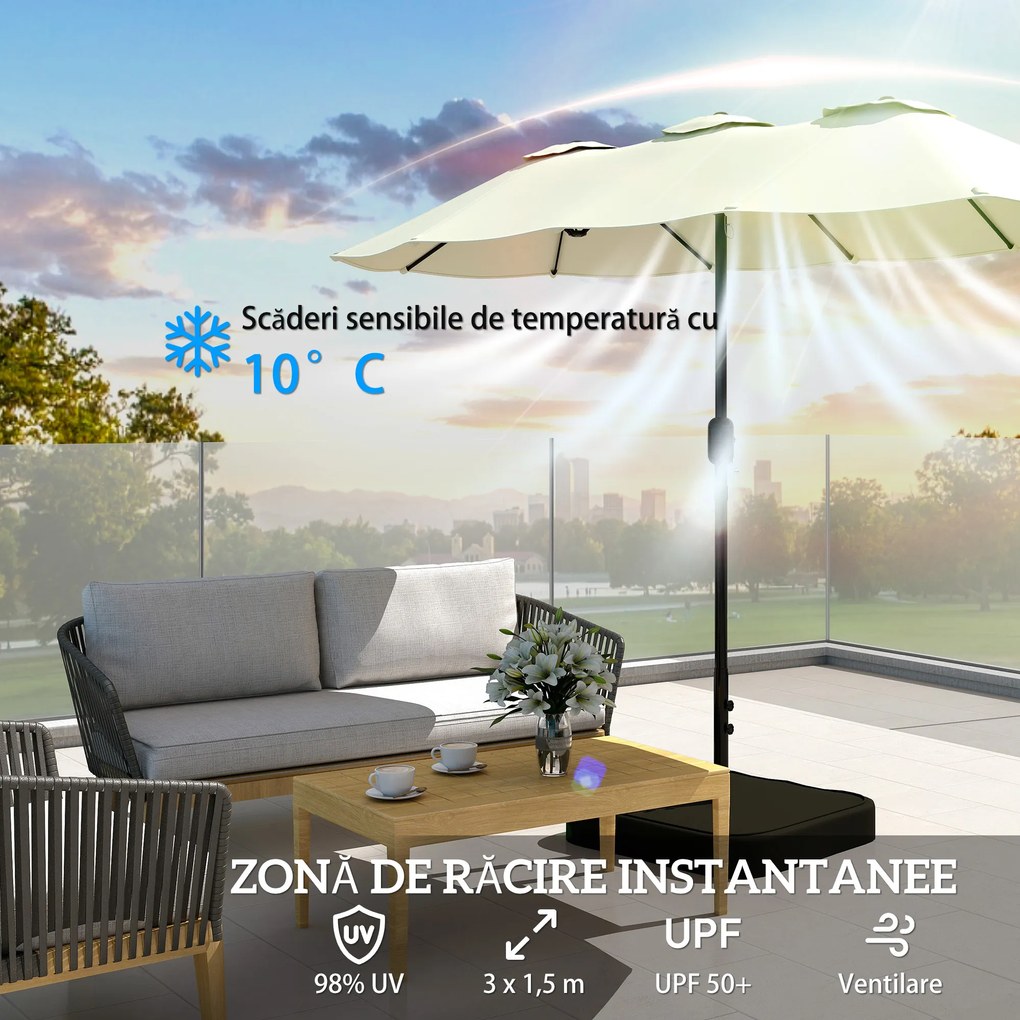 Outsunny Umbrelă Dublă de Grădină 3x1.5 m, Umbrelă de Exterior cu Sac de Nisip, Anti UV 50+, Bej | Aosom Romania