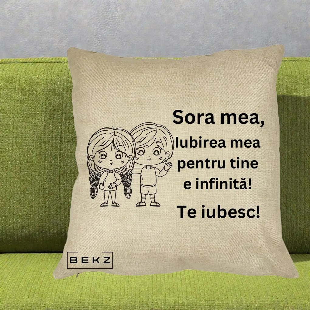 Cadou pentru Sora - Perna Personalizata Sora Mea Te Iubesc Copii Anime Line Art, 40x40 cm, Crem, Husa Detasabila, Perna Inclusa, BEKZ®