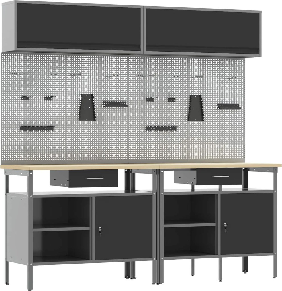 vidaXL Set banc de lucru 8 pcs Negru și Gri Oțel vopsit electrostatic