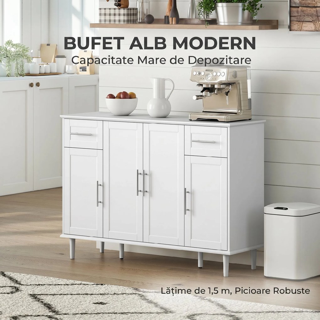 HOMCOM Mobilier de Sufragerie, Credență cu 2 Sertare și 3 Dulapuri cu Rafturi Reglabile, Comodă cu Picioare din Pin pentru Sala de Mese și Bucătărie, 120x38x86 cm, Alb | Aosom Romania