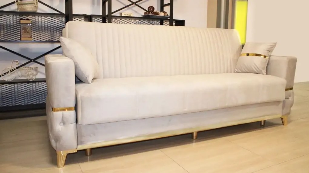 Canapea extensibila cu lada de depozitare 220x90x97 cm – stofa bej, insertii aurii – Vegas
