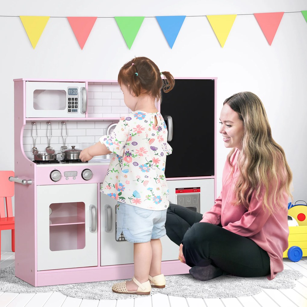 AIYAPLAY Bucătărie de Jucărie din Lemn pentru Copii 3-8 Ani cu Accesorii Roz | Aosom Romania