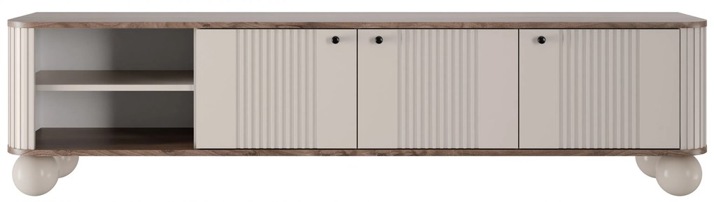 Comodă TV Vesper 187 cm cu trei uși - kaszmir / nuc / mânere negre / picioare sferice