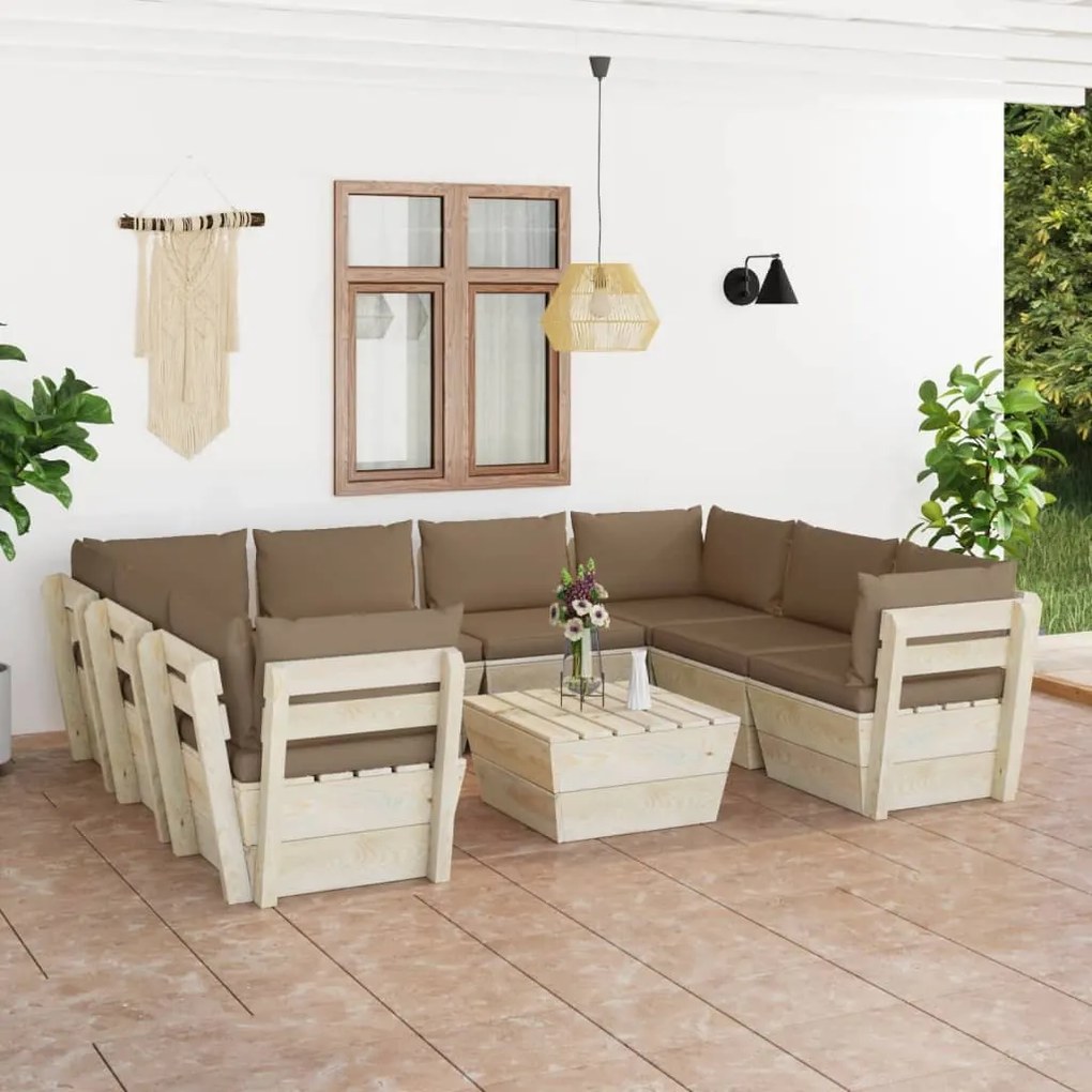 Set mobilier gradina din paleti, 9 piese, cu perne, lemn de molid Gri taupe, 4x mijloc + 4x colt + masa, 1