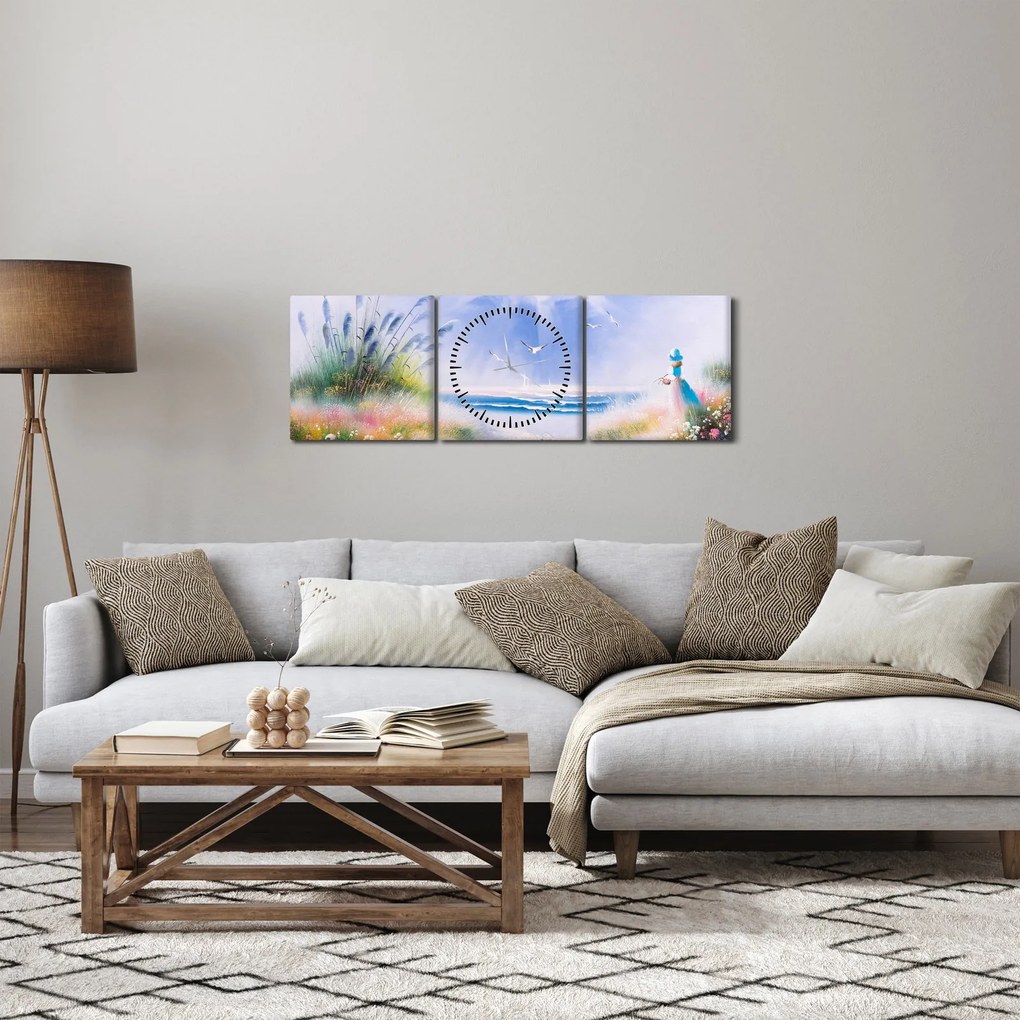 Tablou - Plaja romantică, pictură în ulei (cu ceas) (90x30 cm)