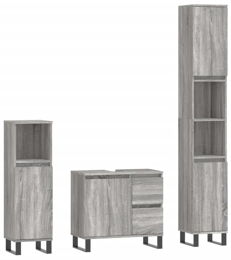 3190235 vidaXL Set mobilier de baie, 3 piese, gri sonoma, lemn prelucrat