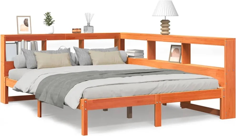 vidaXL Pat cu bibliotecă fără saltea maro 140x190 cm lemn masiv de pin