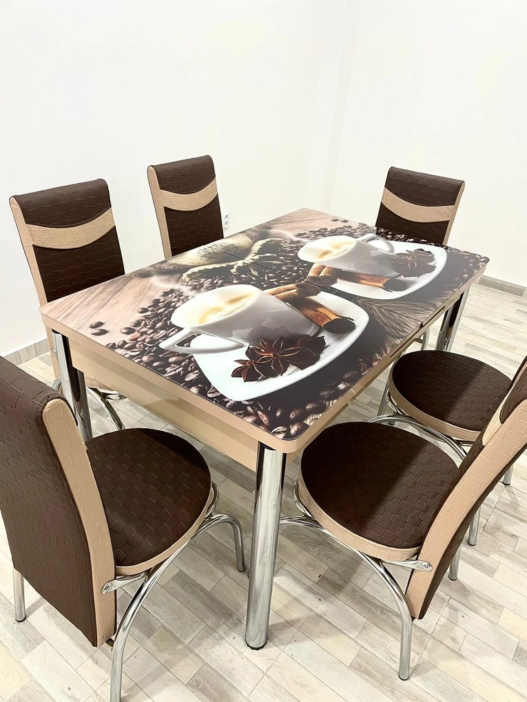 Set masa extensibila 130 / 170 x 80 cm cu 6 scaune, model 1015