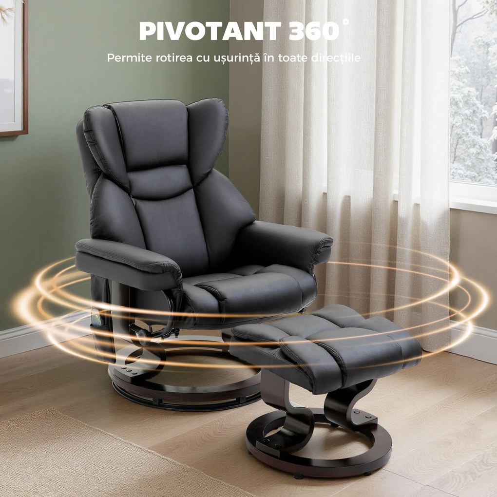 HOMCOM Scaun cu Puf Suport pentru Picioare și Funcție de Masaj, Reclinabil la 145° și Rotativ la 360°, Negru | Aosom Romania
