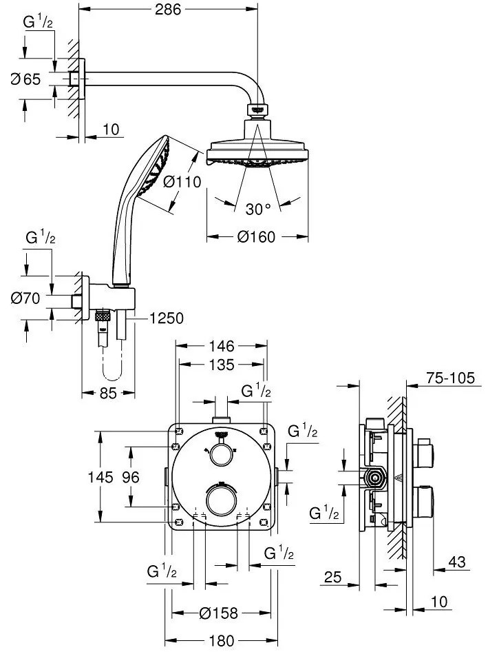 Sistem dus incastrat cu termostat Grohe Grohtherm Cosmopolitan 160, baterie rotunda