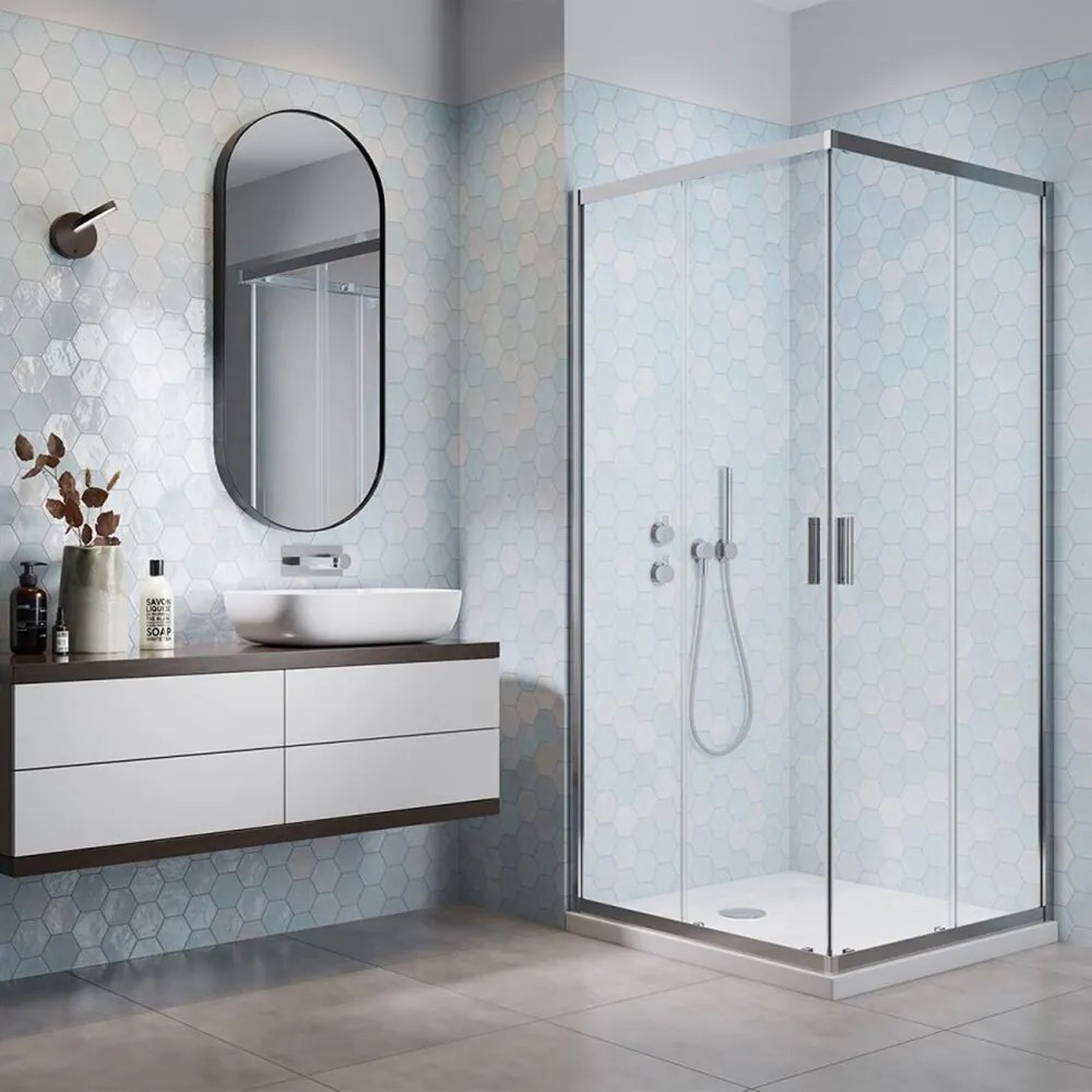 Pachet cabina de dus Alienta C 90x90 cm, cadita pentru dus Tinos A Compact alb si sifon cadita crom