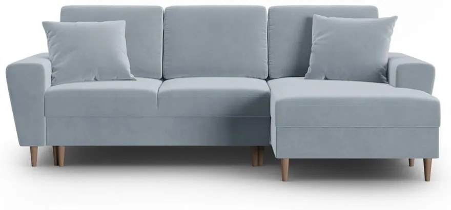 Colțar albastru deschis extensibil, cu spațiu de depozitare cu tapițerie din catifea (cu colț pe partea dreaptă, cu șezlong) Kyoto – Cosmopolitan Design
