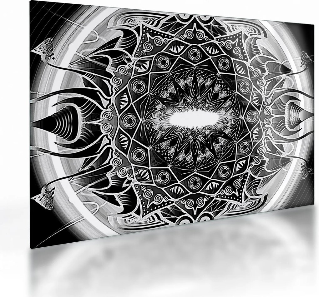 Tablou pe sticlă cu ornamente alb negre (70x50 cm)