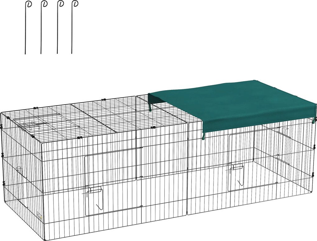 PawHut Tarc Exterior pentru Animale Mici, Spațiu pentru Pui, Iepuri, Chinchilla, cu Acoperiș, 220x85x70 cm, Verde | Aosom Romania