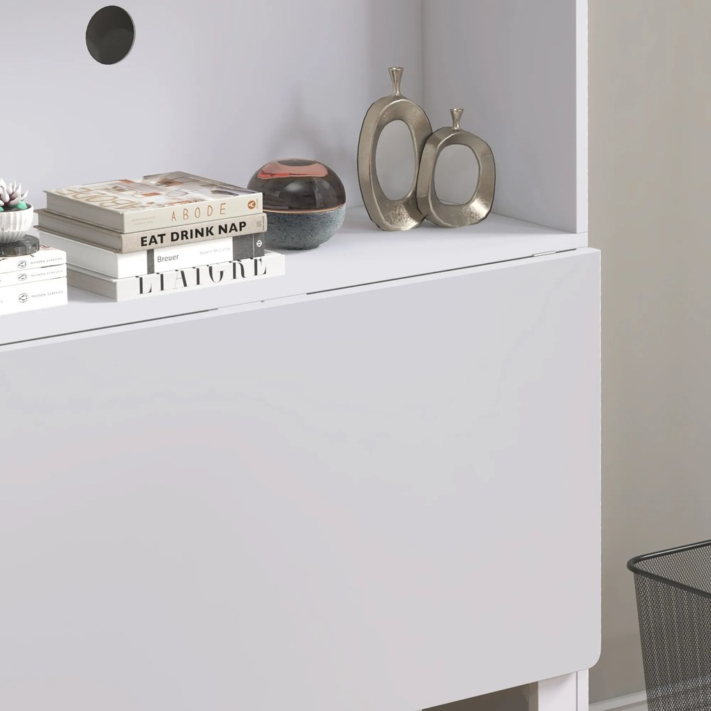 HOMCOM Birou cu Rafturi, Blat Pliabil, 2 Roți și 4 Rafturi, Birou Compact Modern cu Orificiu pentru Cabluri, Masă pentru Computer, Casă Birou Cameră de Studiu, 80x69x155 cm, Alb | Aosom Romania