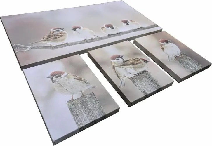 Set de tablouri de perete Vrabii pe ramură, 4 buc.